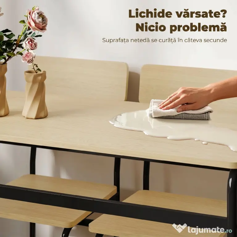 HOMCOM Set de Dining cu 5 Piese, Masă Dreptunghiulară și 4 Scaune, din Lemn și Metal, Negru și Lemn