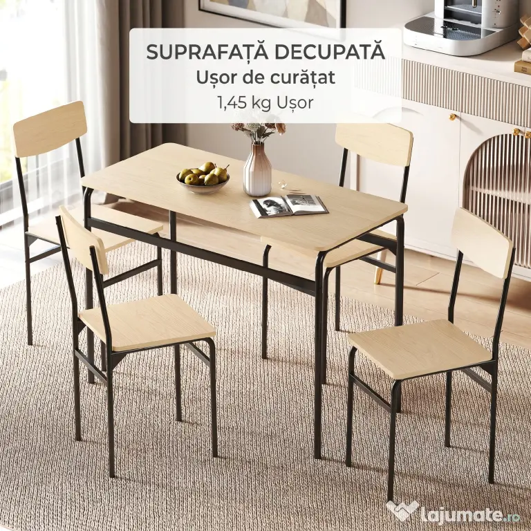 HOMCOM Set de Dining cu 5 Piese, Masă Dreptunghiulară și 4 Scaune, din Lemn și Metal, Negru și Lemn