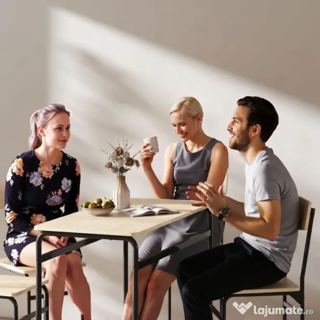 HOMCOM Set de Dining cu 5 Piese, Masă Dreptunghiulară și 4 Scaune, din Lemn și Metal, Negru și Lemn