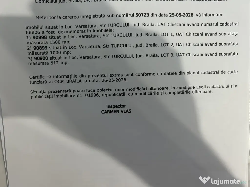 Vând teren intravilan 1000 mp, 1500 mp loc. Varsatura, Brăila
