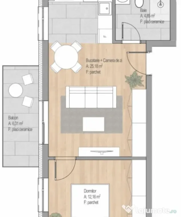 Apartament 2 CAM, SU 42.24 MP, 1 BALCON in zona CETATII
