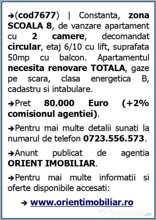 Scoala 8, de vanzare apartament 2 camere
