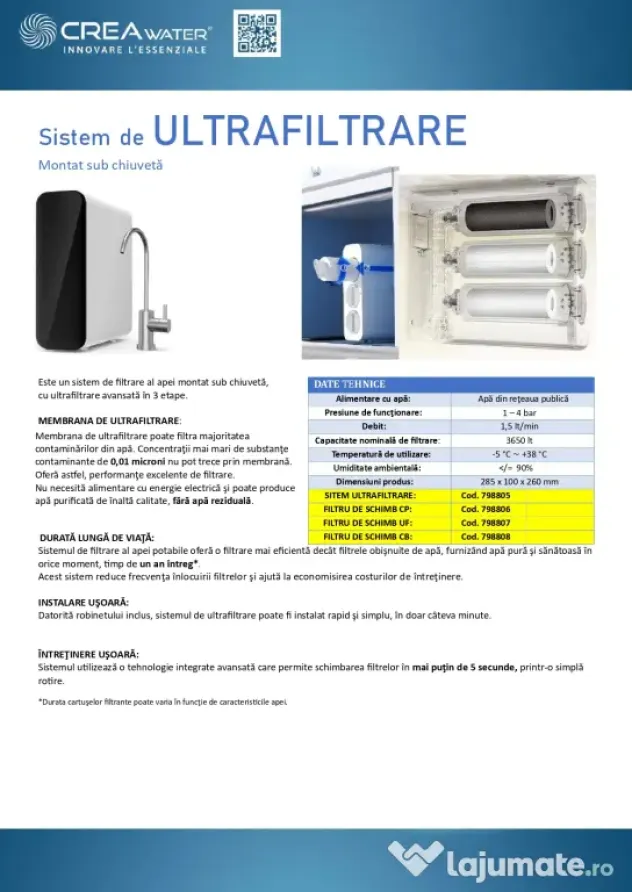 CREAwater Sistem de Ultrafiltrare Apa de Baut montat sub chiuveta import Italia