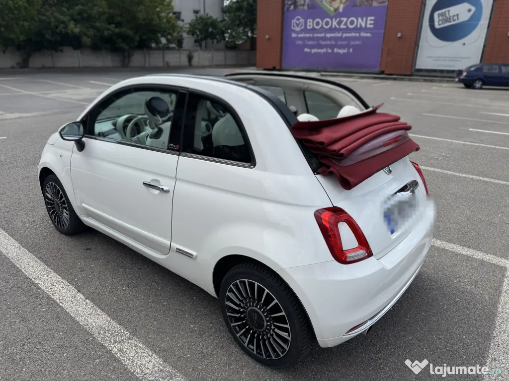 Vând Fiat 500C Cabrio – alb cu acoperiș decapotabil roșu, 72000 km, automat