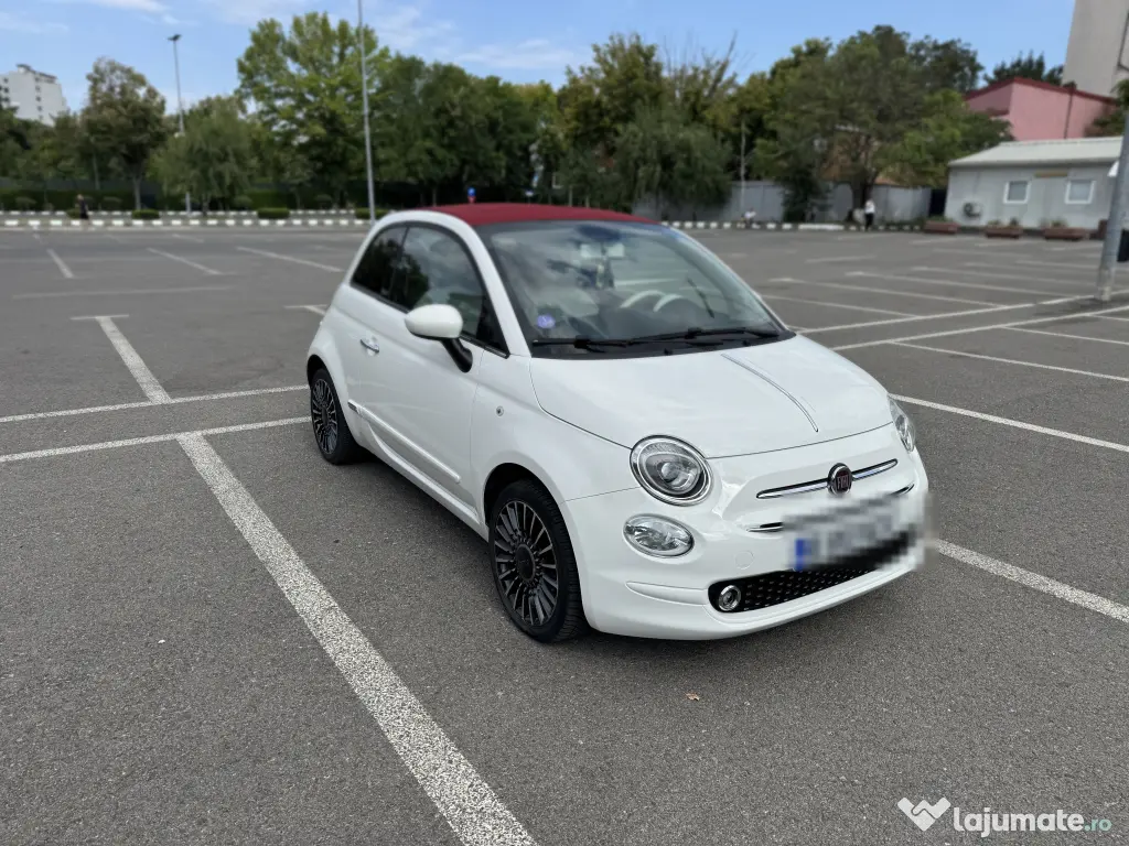 Vând Fiat 500C Cabrio – alb cu acoperiș decapotabil roșu, 72000 km, automat
