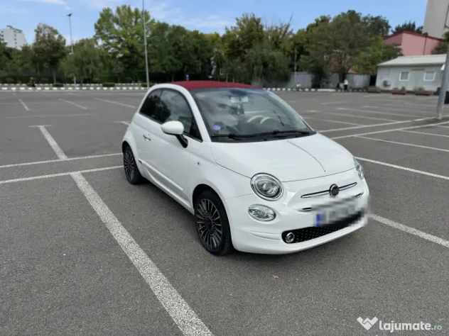 Vând Fiat 500C Cabrio – alb cu acoperiș decapotabil roșu, 72000 km, automat