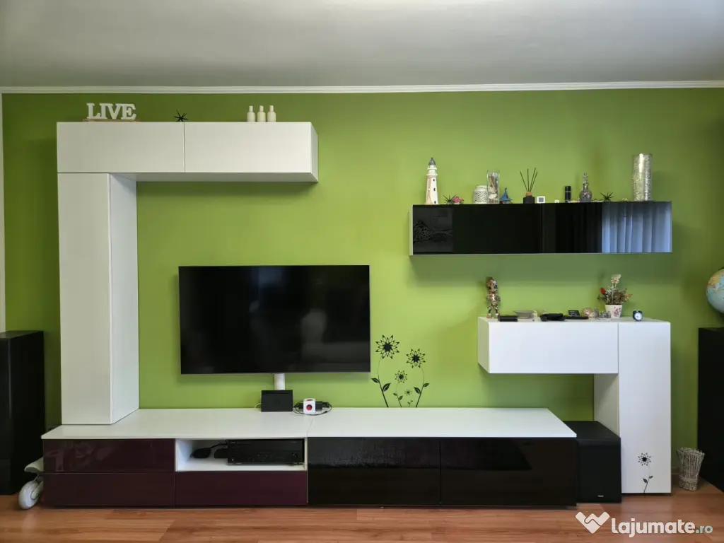 Mobilă Living Modulară din MDF Înfoliat și Sticlă Neagră – Stare Impecabilă