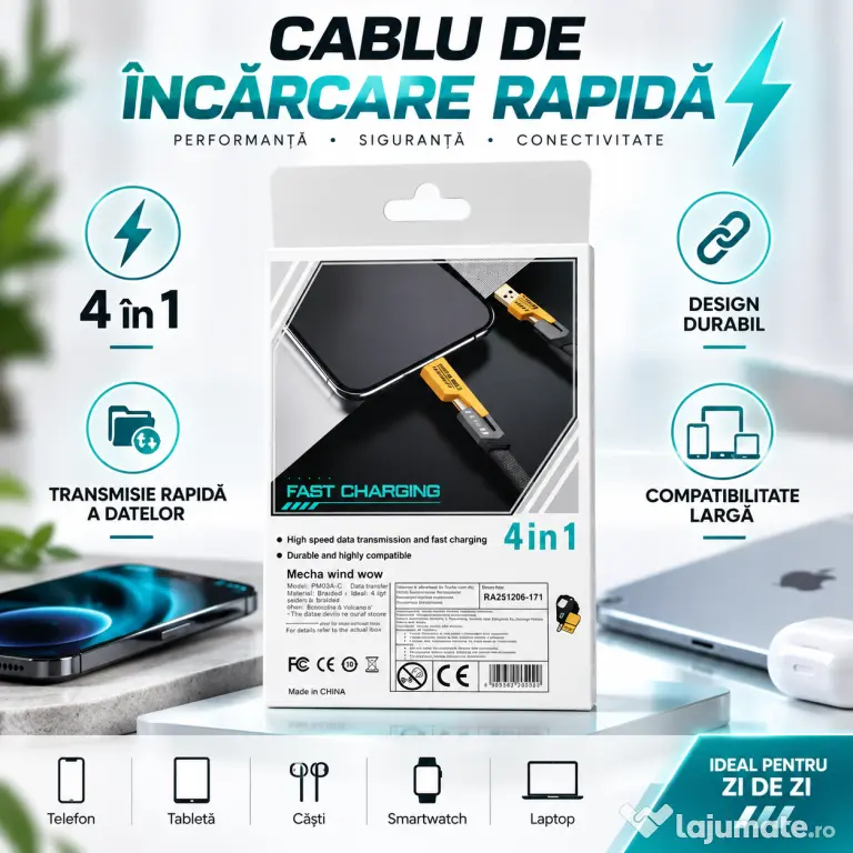 Cablu de Încărcare Rapidă HONGYU 4 în 1 – USB-A, Lightning, 65W/27W, 1M