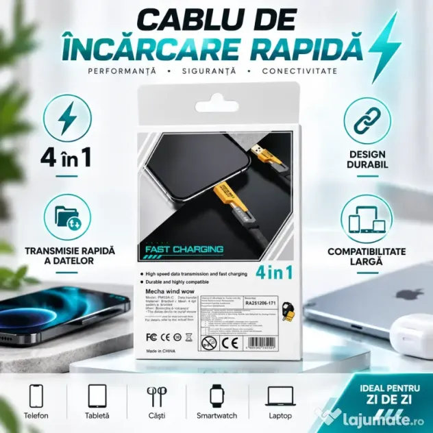 Cablu de Încărcare Rapidă HONGYU 4 în 1 – USB-A, Lightning, 65W/27W, 1M
