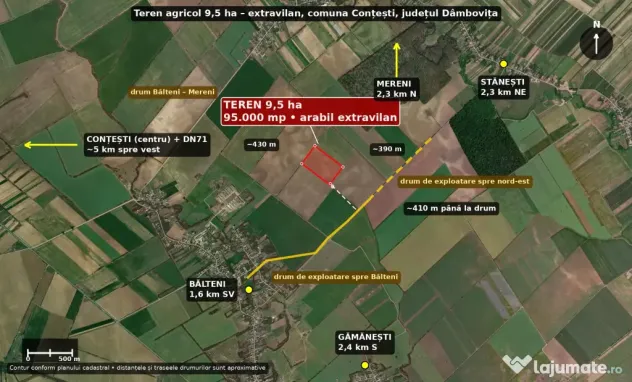 9.5HA teren arabil comasat – Conțești (Bălteni), Dâmbovița, fără sarcini