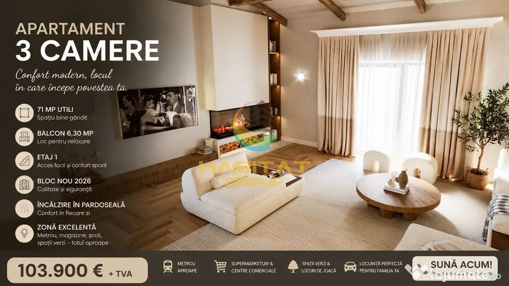Apartament 3 camere în bloc nou, 71 mp utili - balcon 6,30 mp Popești Leordeni - Popesti Leordeni (Bucuresti-Ilfov)