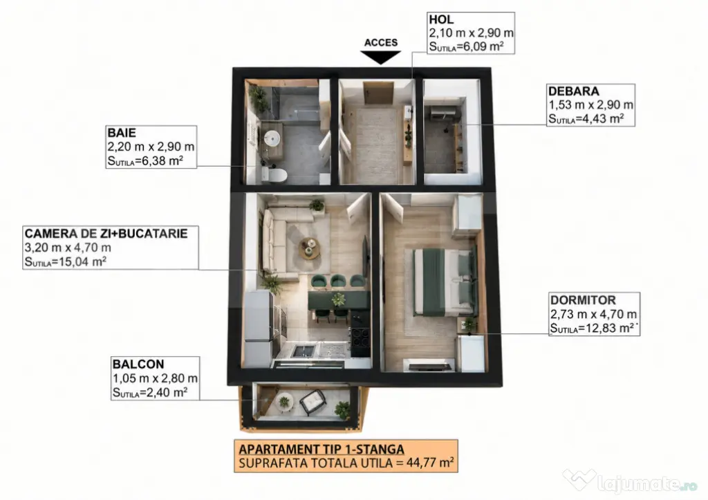 Apartament cu 2 camere, 44,77 mp utili, balcon - Apahida (Cluj)
