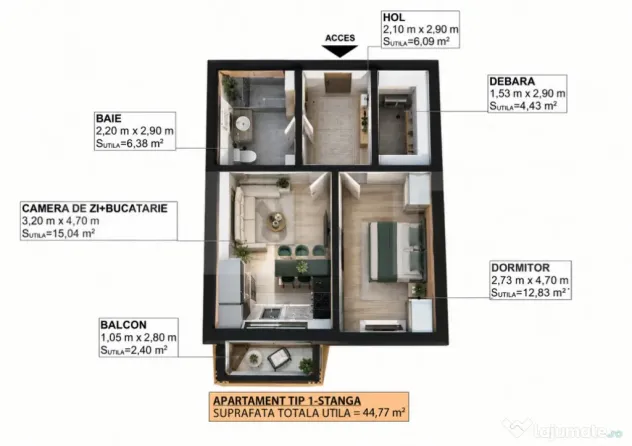 Apartament cu 2 camere, 44,77 mp utili, balcon - Apahida (Cluj)