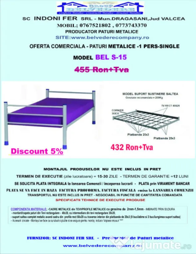 Pat metalic single-1 pers.-rezistent și durabil - La preț promoțional!