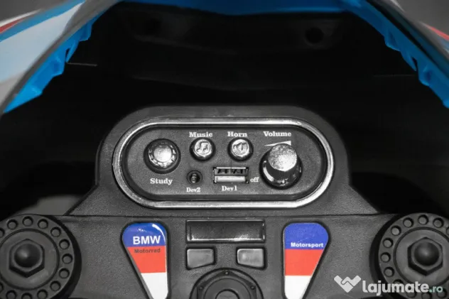 Motocicleta electrica BMW HP4 2x 45W 12V cu roti moi, scaun tapitat