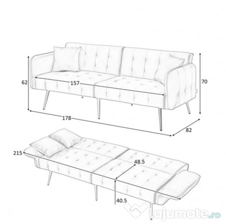 Canapea extensibilă modernă, gri, confortabilă + 2 perne