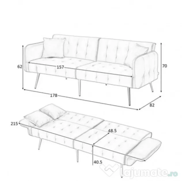 Canapea extensibilă modernă, gri, confortabilă + 2 perne