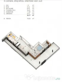 Apartament de 2 camere, 57mp, terasa 76mp, parcare, zona Den