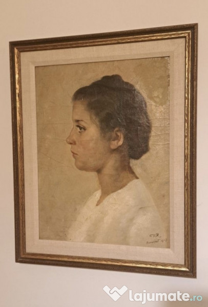 Tablou semnat datat Bucarest 1907- Portret de fată ulei pe carton
