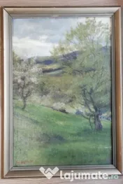 Peisaj anii 1900 pictor austriac Hugo Charlemont-ulei pe carton 
