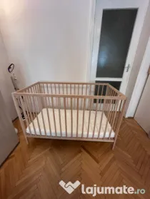 Pat bebe ikea din lemn si saltea din spuma