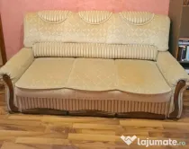 Canapea 3 Locuri Premium, Extensibilă, Crem + Lemn Masiv