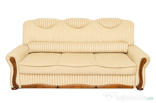 Canapea 3 Locuri Premium, Extensibilă, Crem + Lemn Masiv