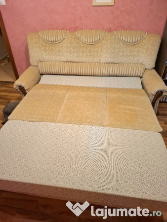 Canapea 3 Locuri Premium, Extensibilă, Crem + Lemn Masiv