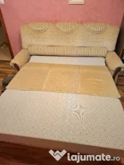 Canapea 3 Locuri Premium, Extensibilă, Crem + Lemn Masiv