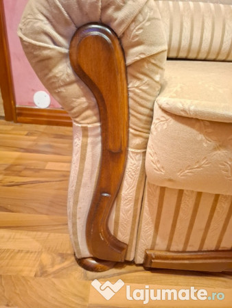 Canapea 3 Locuri Premium, Extensibilă, Crem + Lemn Masiv