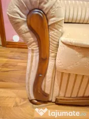 Canapea 3 Locuri Premium, Extensibilă, Crem + Lemn Masiv