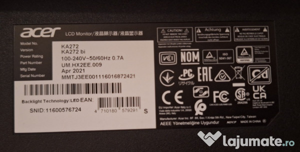 Monitor Acer 27", KA272bi, LED IPS, FHD, 75Hz, 1ms, FreeSync