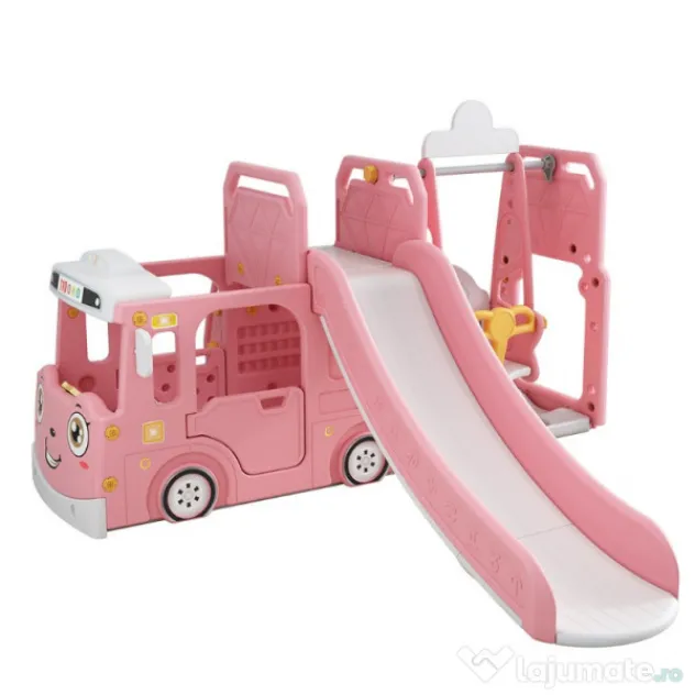 Ansamblu de joaca Kinderplay BUS, 4 in 1 cu tobogan, leagan
