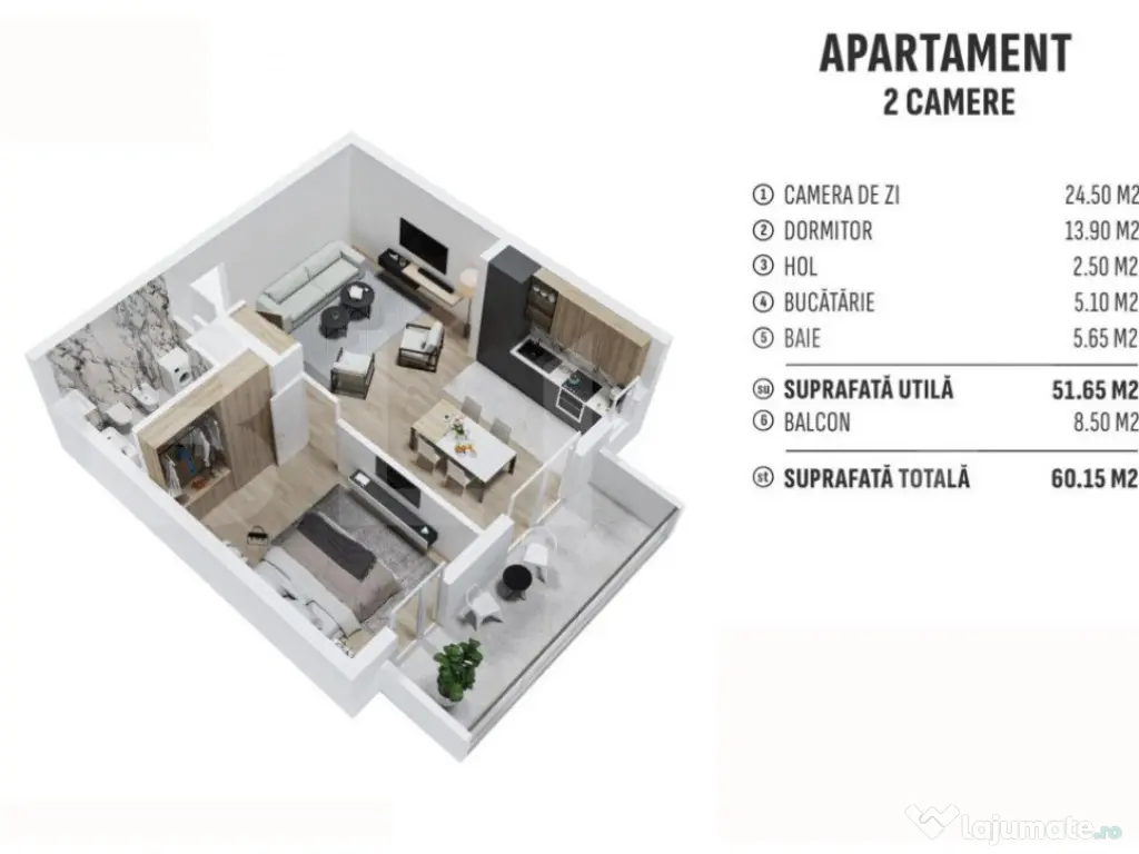 Apartament de 2 camere finisat, 51 mp, cartier rezidential n