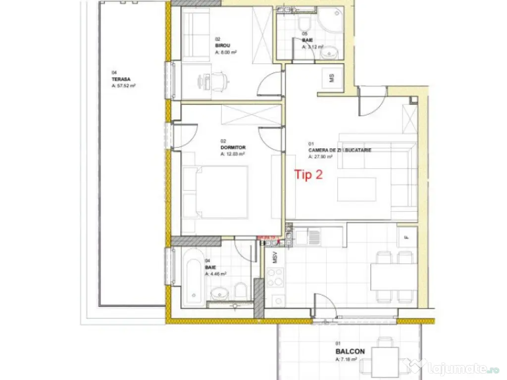 Apartament cu 3 camere, 55,51 mp, terasa 57,52 mp, balcon, z
