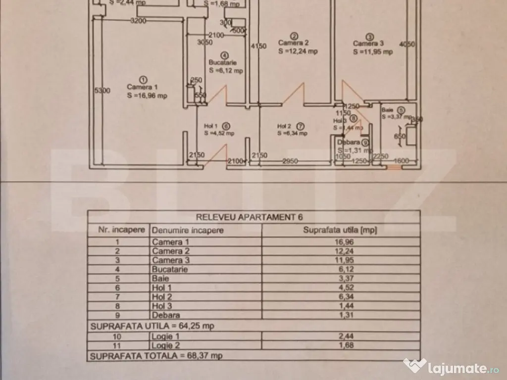 Apartament 3 camere, 64,25 mp, decomandat, etaj 1, zona-Iuli