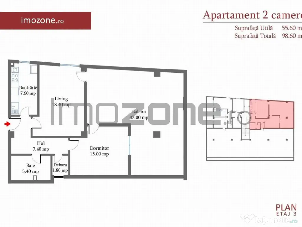Ap., 2 cam. dec. 56 mp., + Terasa acoperita 43 mp,+ Pod, ... 