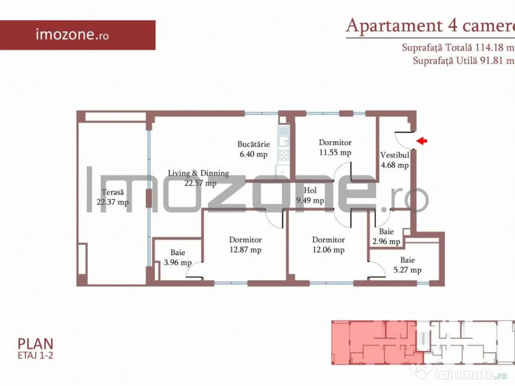 4 camere cu terasa de 22 mp, 3 bai, etaj 1/3, FINISAT MOD... 