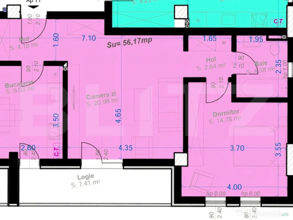 Apartament 2 camere, 56.17 mp, zona Aradului