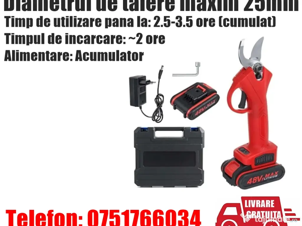 Foarfeca Electrica 2 Acumulatori Rosie Tuns Vie Pomi Crengi Gradina