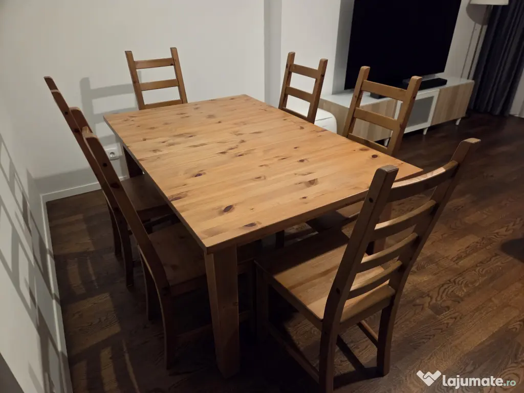 Masa extensibila cu 6 scaune, din lemn de pin - IKEA