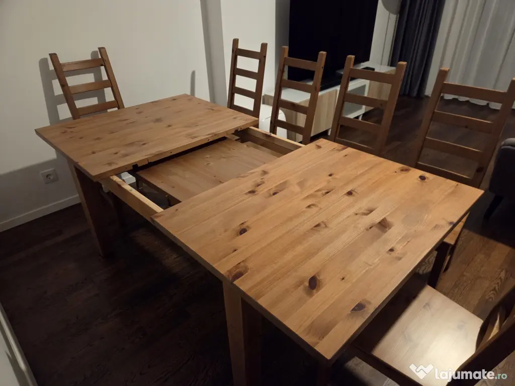 Masa extensibila cu 6 scaune, din lemn de pin - IKEA