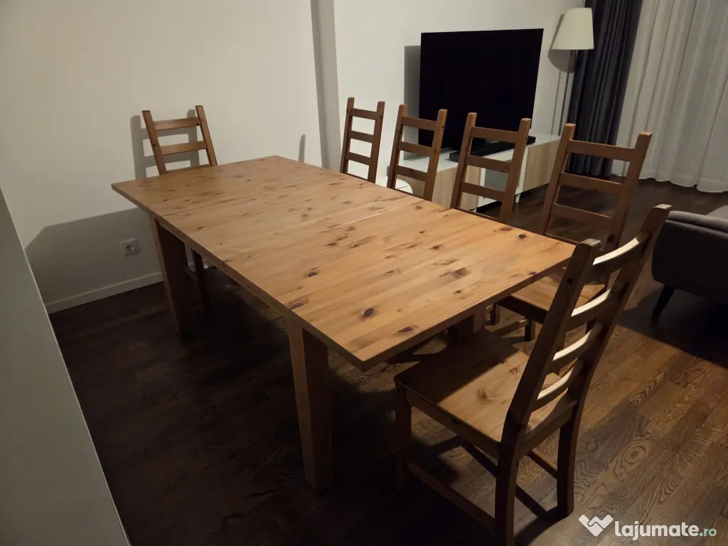 Masa extensibila cu 6 scaune, din lemn de pin - IKEA