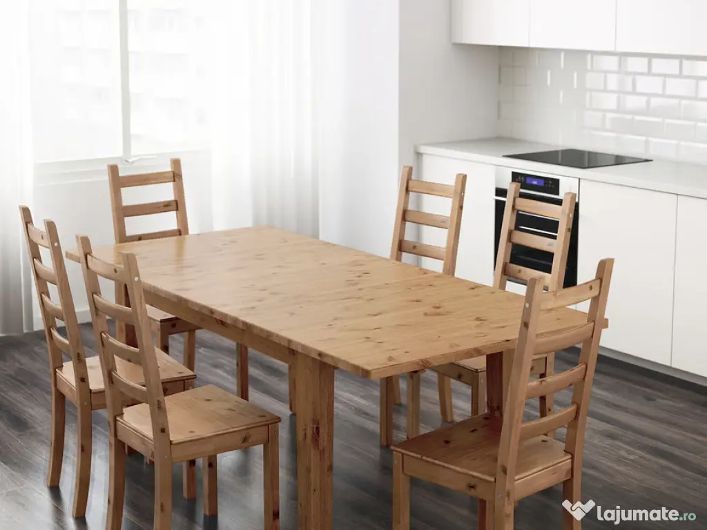 Masa extensibila cu 6 scaune, din lemn de pin - IKEA