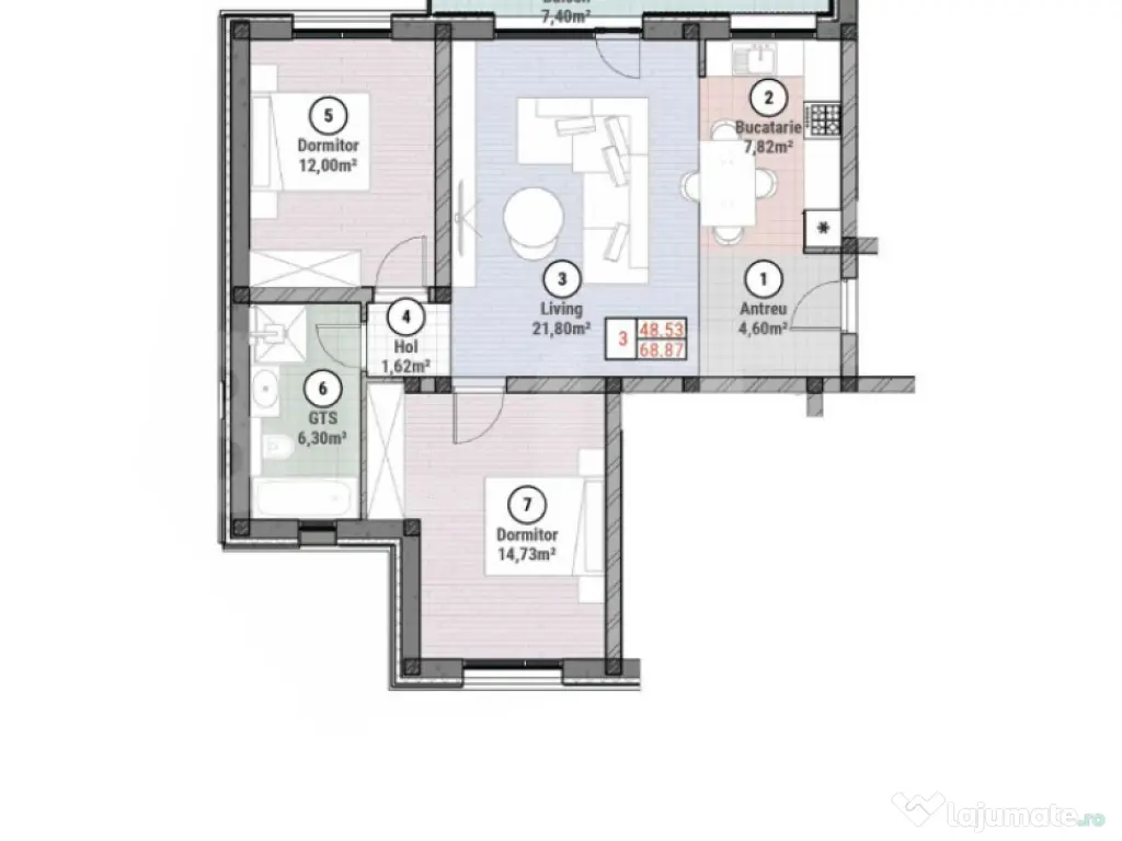 Apartament cu 3 camere 68 mp utili + grădină 100 mp, Moșn