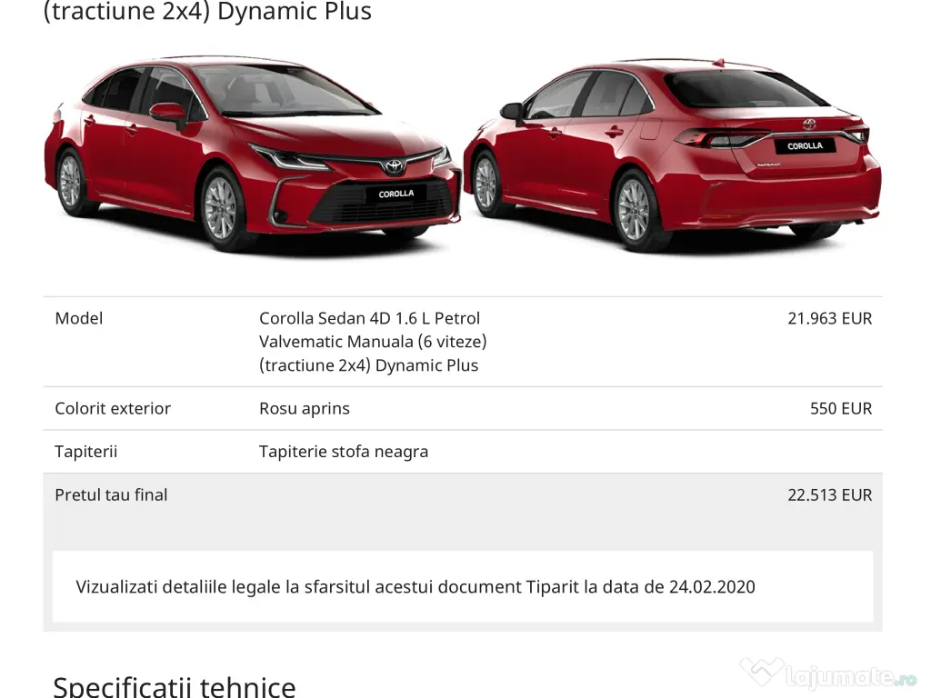 Corolla Sedan 1.6 Benzina Manuala Echipare Dynamic Plus (2020)