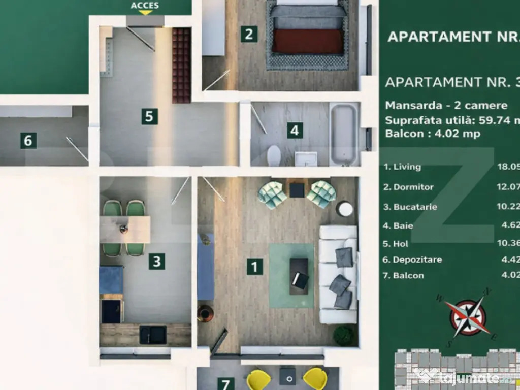 Apartament 2 camere, living cu bucătărie open space, balco 