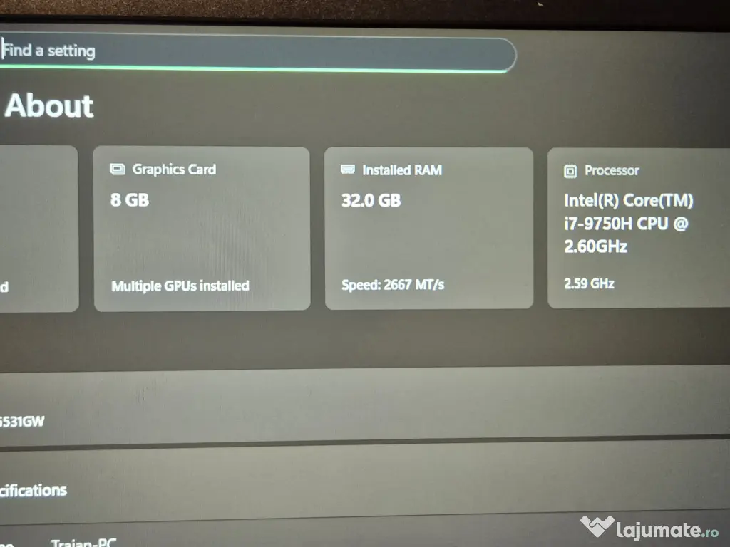 Laptop Gaming Asus ROG Strix III G531-GW, i7-9750H, 32GB RAM, RTX 2070 