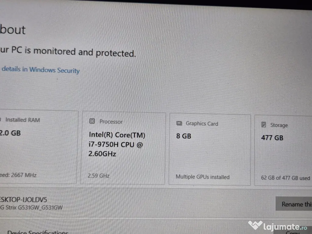 Laptop Gaming Asus ROG Strix III G531-GW, i7-9750H, 32GB RAM, RTX 2070 