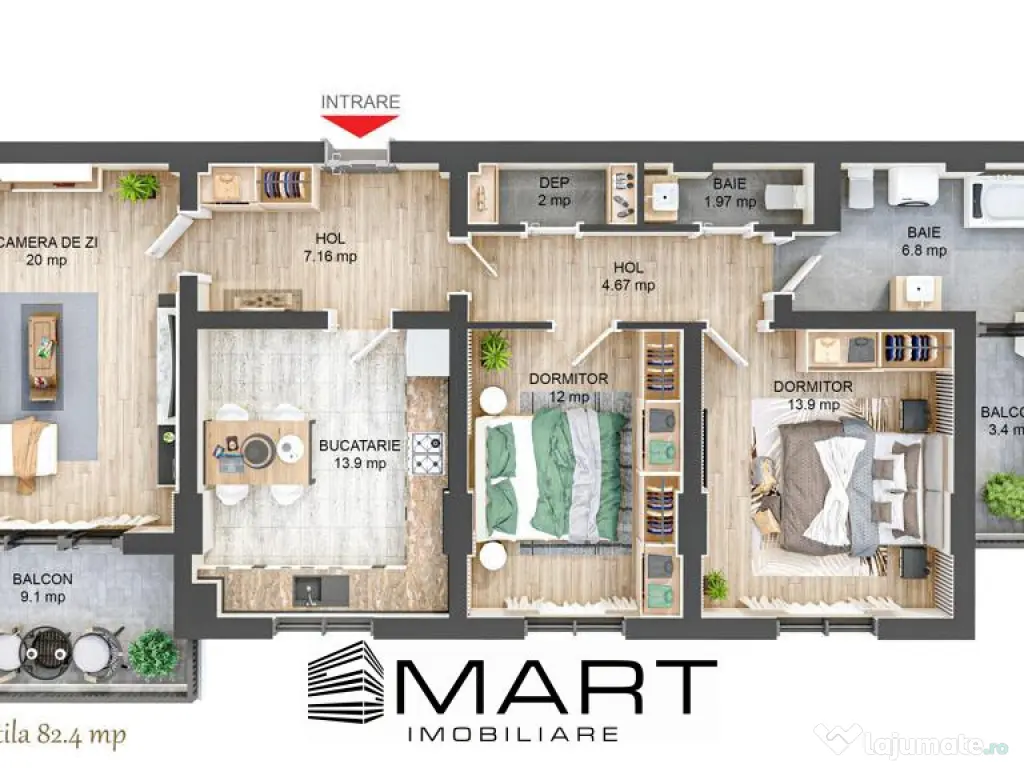 Apartament 3 camere decomandate 82mp + 12mp balcon zona Cire